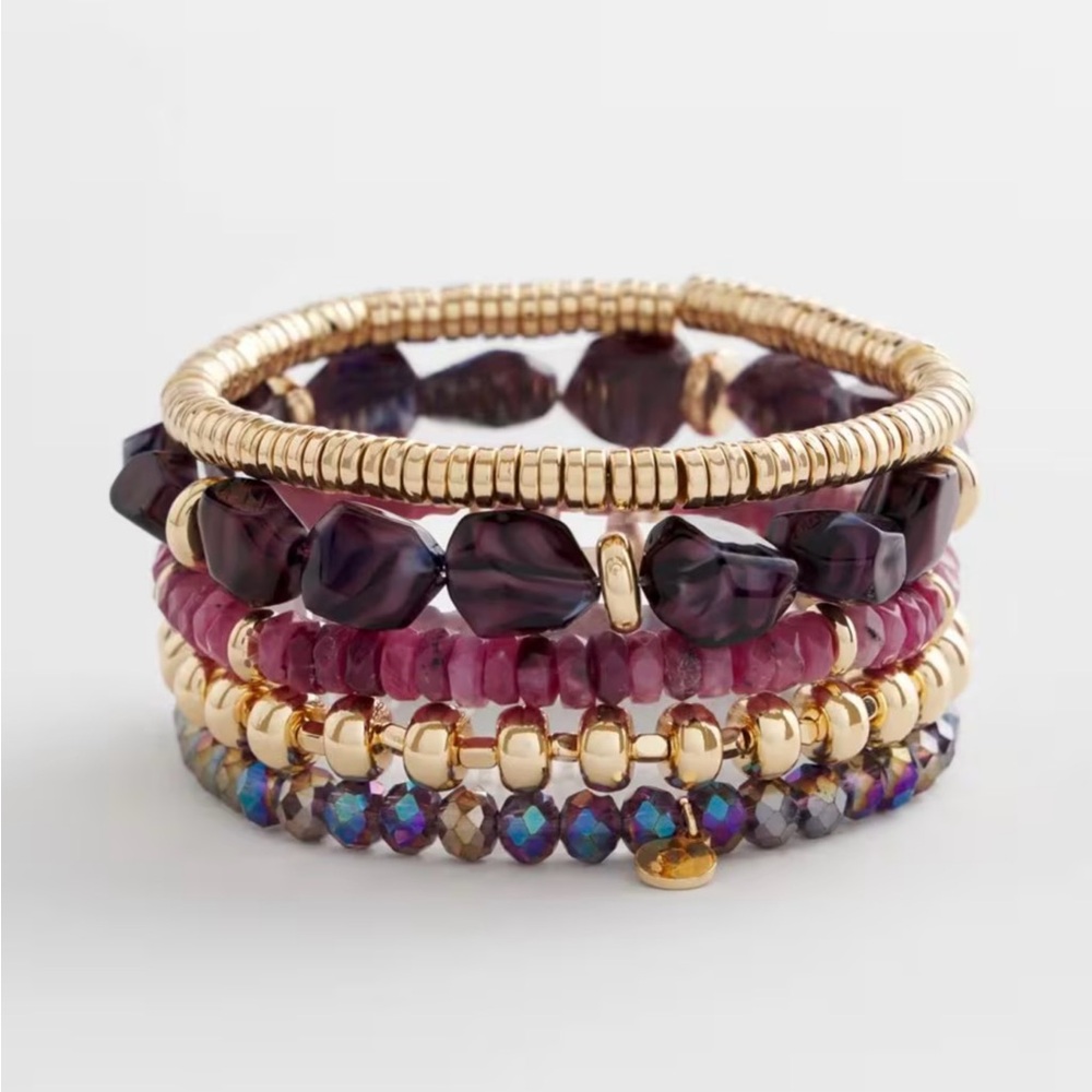 🌷CHICO’S PURPLE STRETCH STACKABLE SET OF 5 BEADED BRACELETS NWT